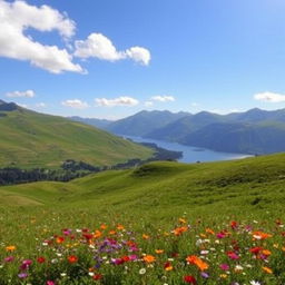 A picturesque landscape showcasing a beautiful area featuring rolling green hills, vibrant wildflowers in a variety of colors, and a clear blue sky