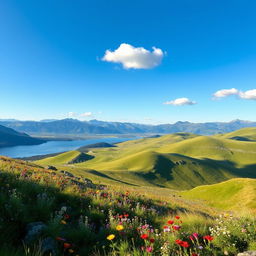 A picturesque landscape showcasing a beautiful area featuring rolling green hills, vibrant wildflowers in a variety of colors, and a clear blue sky