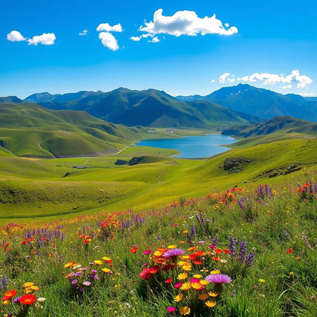 A picturesque landscape showcasing a beautiful area featuring rolling green hills, vibrant wildflowers in a variety of colors, and a clear blue sky