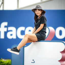 A beautiful Korean woman sitting wearing a black shirt, black shorts, and sneakers, adorned with a hat