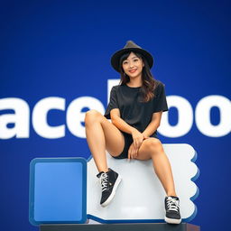 A beautiful Korean woman sitting wearing a black shirt, black shorts, and sneakers, adorned with a hat
