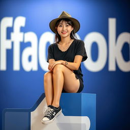 A beautiful Korean woman sitting wearing a black shirt, black shorts, and sneakers, adorned with a hat