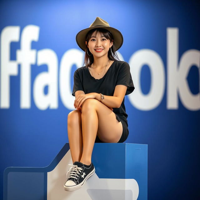 A beautiful Korean woman sitting wearing a black shirt, black shorts, and sneakers, adorned with a hat