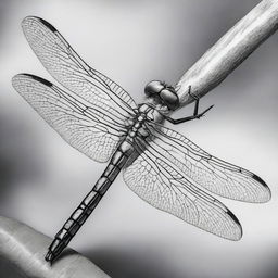 A high-quality, black and white image of a dragonfly, drawn with pastel, now viewed from a closer perspective