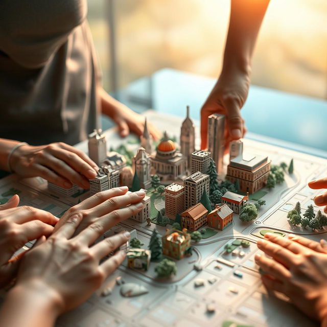 A conceptual image depicting a tactile learning tool for the visually impaired, showcasing a 3D-printed model of a cityscape with various textures representing buildings, parks, and streets, arranged on a tactile map