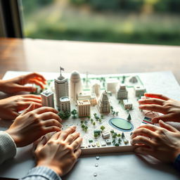 A conceptual image depicting a tactile learning tool for the visually impaired, showcasing a 3D-printed model of a cityscape with various textures representing buildings, parks, and streets, arranged on a tactile map