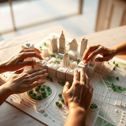A conceptual image depicting a tactile learning tool for the visually impaired, showcasing a 3D-printed model of a cityscape with various textures representing buildings, parks, and streets, arranged on a tactile map