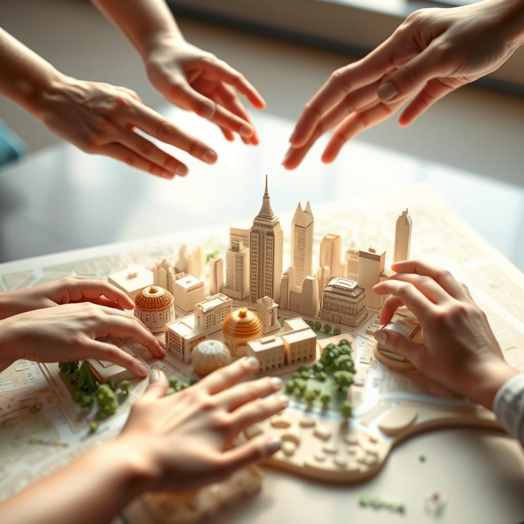 A conceptual image depicting a tactile learning tool for the visually impaired, showcasing a 3D-printed model of a cityscape with various textures representing buildings, parks, and streets, arranged on a tactile map