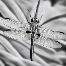 A high-quality, black and white image of a dragonfly, drawn with pastel, now viewed from a closer perspective