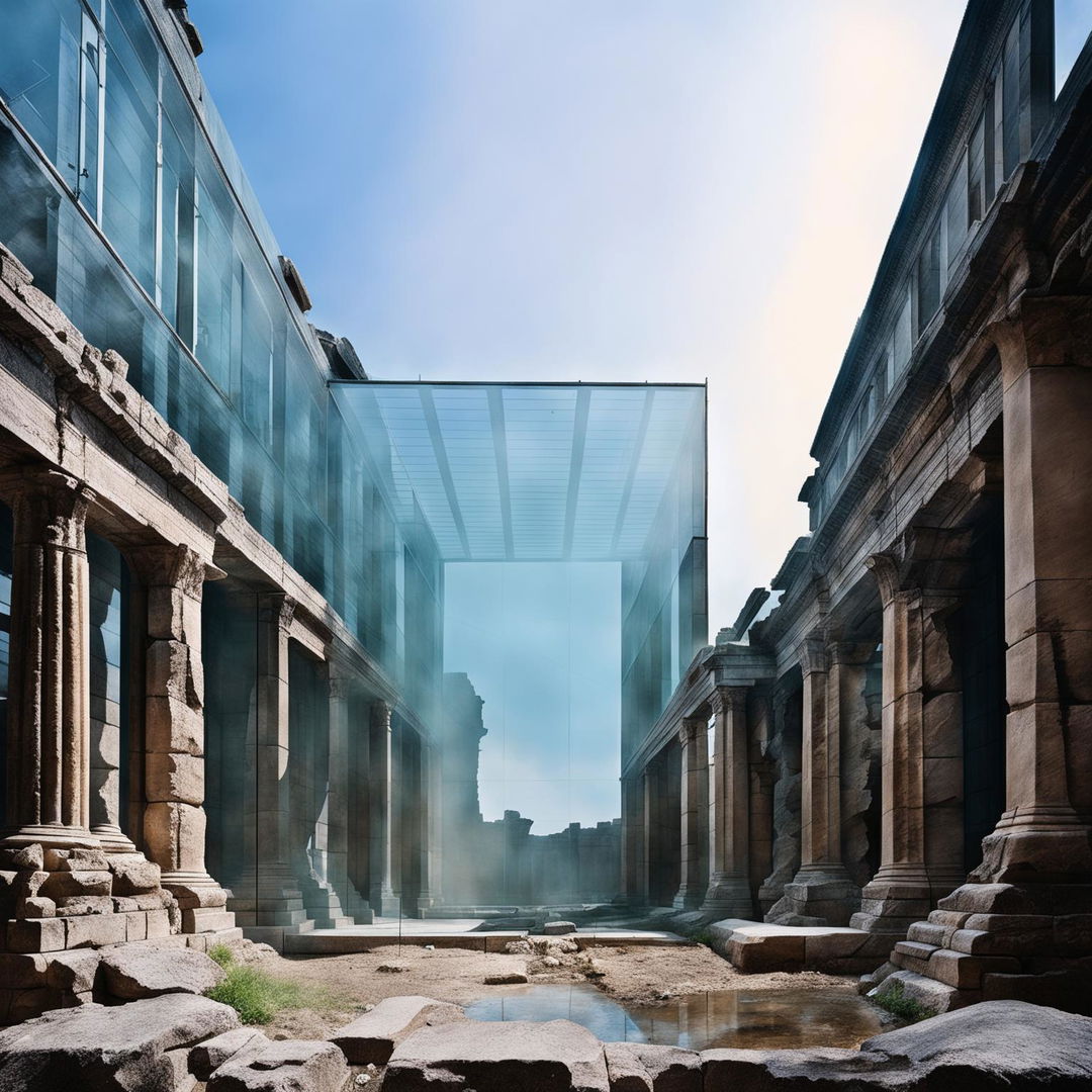 A high-quality, low-angle architectural photograph depicting a modern glass box structure integrated into an ancient Roman ruin, with a foggy mist adding a mysterious atmosphere