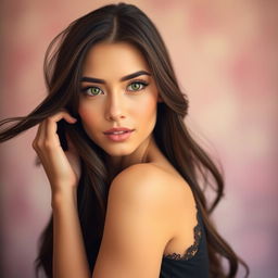 A stunning portrait of a beautiful woman with long, flowing dark hair