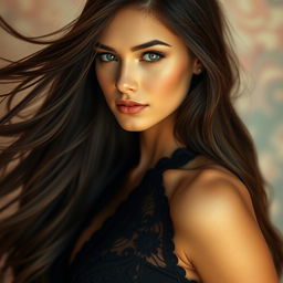 A stunning portrait of a beautiful woman with long, flowing dark hair