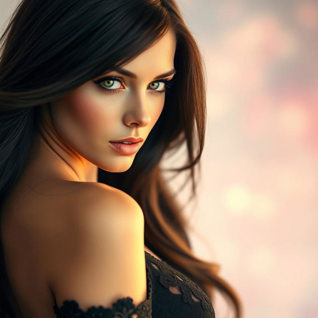 A stunning portrait of a beautiful woman with long, flowing dark hair