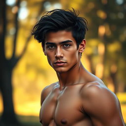 A portrait of a young man with striking features, exuding confidence and charisma