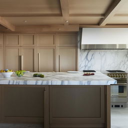 Redesign of a modern kitchen with high-end appliances, marble countertops, oak cabinets, and an island in the middle