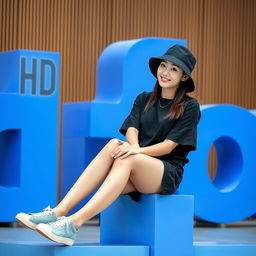 A beautiful Korean woman sitting, wearing a black shirt and black shorts paired with sneakers, and a black bucket hat