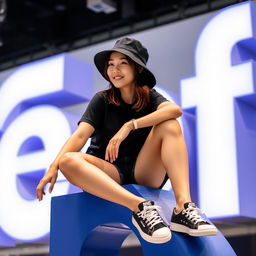 A beautiful Korean woman sitting, wearing a black shirt and black shorts paired with sneakers, and a black bucket hat