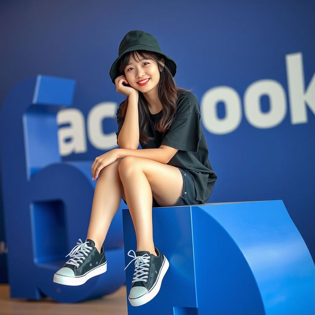 A beautiful Korean woman sitting, wearing a black shirt and black shorts paired with sneakers, and a black bucket hat