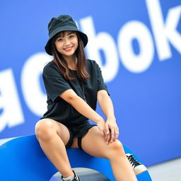 A beautiful Korean woman sitting, wearing a black shirt and black shorts paired with sneakers, and a black bucket hat