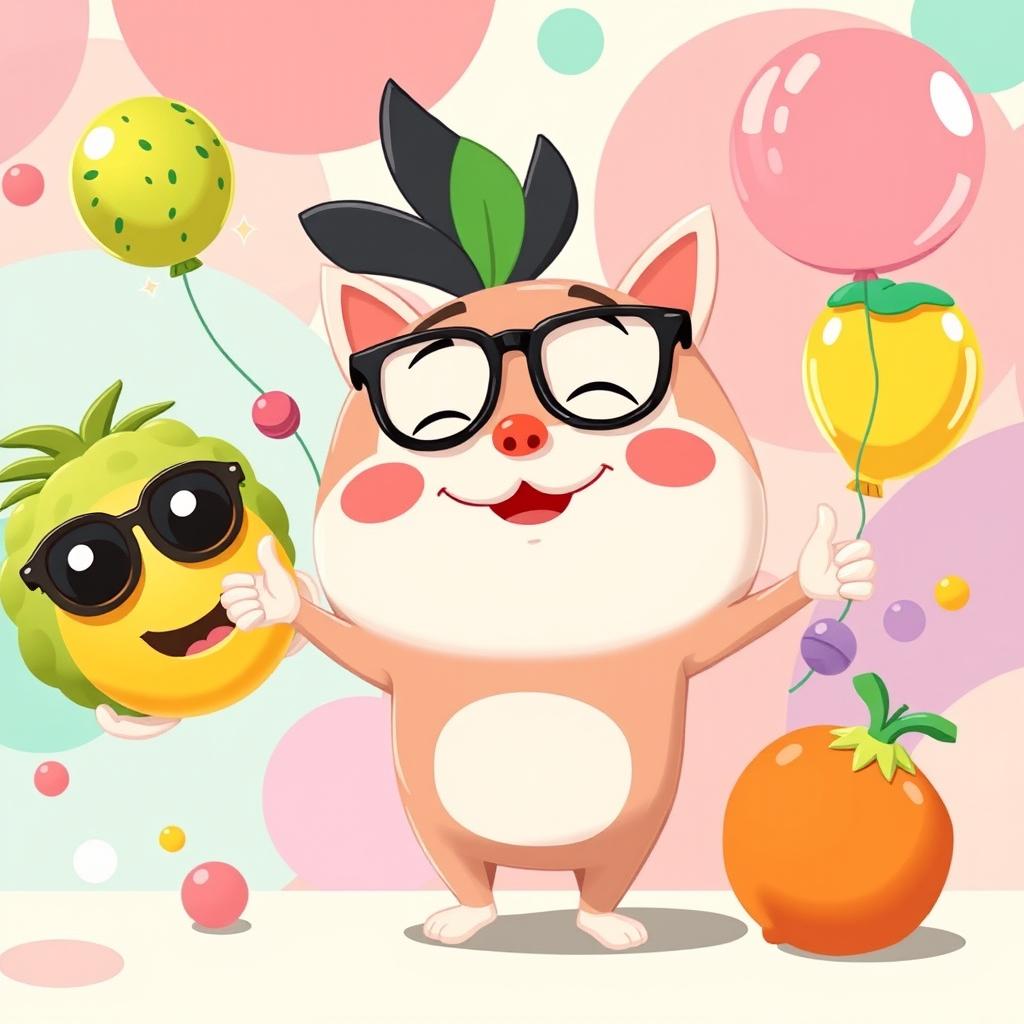 A humorous and colorful wallpaper featuring Buriburi Zaimon, a quirky cartoon character with exaggerated facial expressions, engaging in silly antics