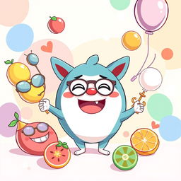 A humorous and colorful wallpaper featuring Buriburi Zaimon, a quirky cartoon character with exaggerated facial expressions, engaging in silly antics