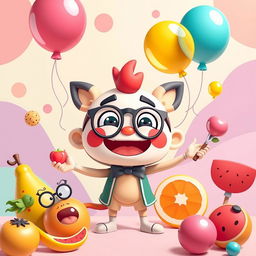 A humorous and colorful wallpaper featuring Buriburi Zaimon, a quirky cartoon character with exaggerated facial expressions, engaging in silly antics