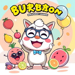 A humorous and colorful wallpaper featuring Buriburi Zaimon, a quirky cartoon character with exaggerated facial expressions, engaging in silly antics
