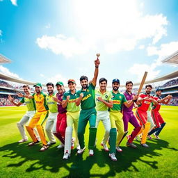 A vibrant and dynamic cricket team portrait showcasing a diverse group of players in lively action poses on a cricket field