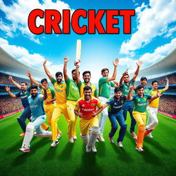 A vibrant and dynamic cricket team portrait showcasing a diverse group of players in lively action poses on a cricket field