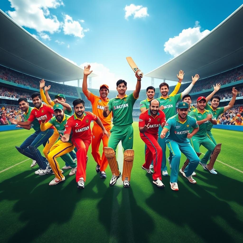 A vibrant and dynamic cricket team portrait showcasing a diverse group of players in lively action poses on a cricket field