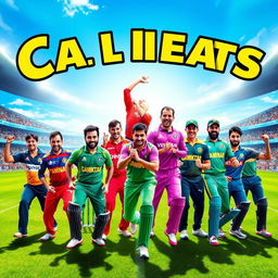 A vibrant and dynamic cricket team portrait showcasing a diverse group of players in lively action poses on a cricket field