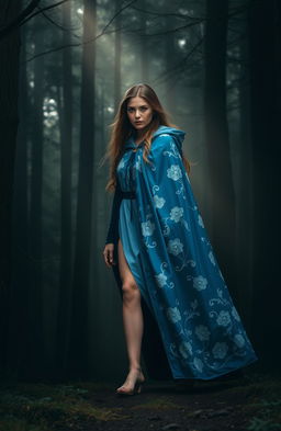 A woman wearing a stunning blue cloak adorned with intricate white flowering patterns, gracefully walking into a dark, mysterious forest