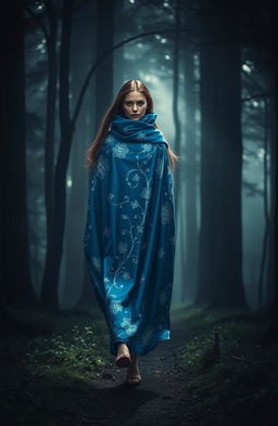 A woman wearing a stunning blue cloak adorned with intricate white flowering patterns, gracefully walking into a dark, mysterious forest
