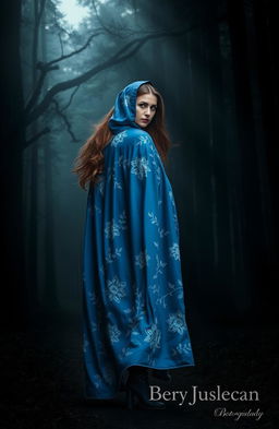 A woman wearing a stunning blue cloak adorned with intricate white flowering patterns, gracefully walking into a dark, mysterious forest