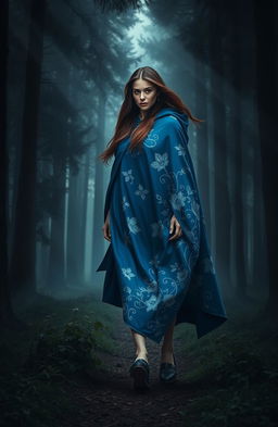 A woman wearing a stunning blue cloak adorned with intricate white flowering patterns, gracefully walking into a dark, mysterious forest