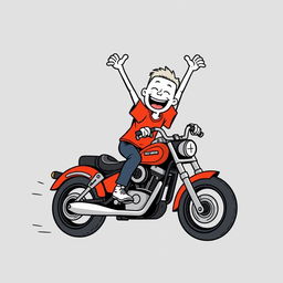 A white cartoon character joyfully riding a Harley Davidson motorcycle, dressed in a vibrant red T-shirt