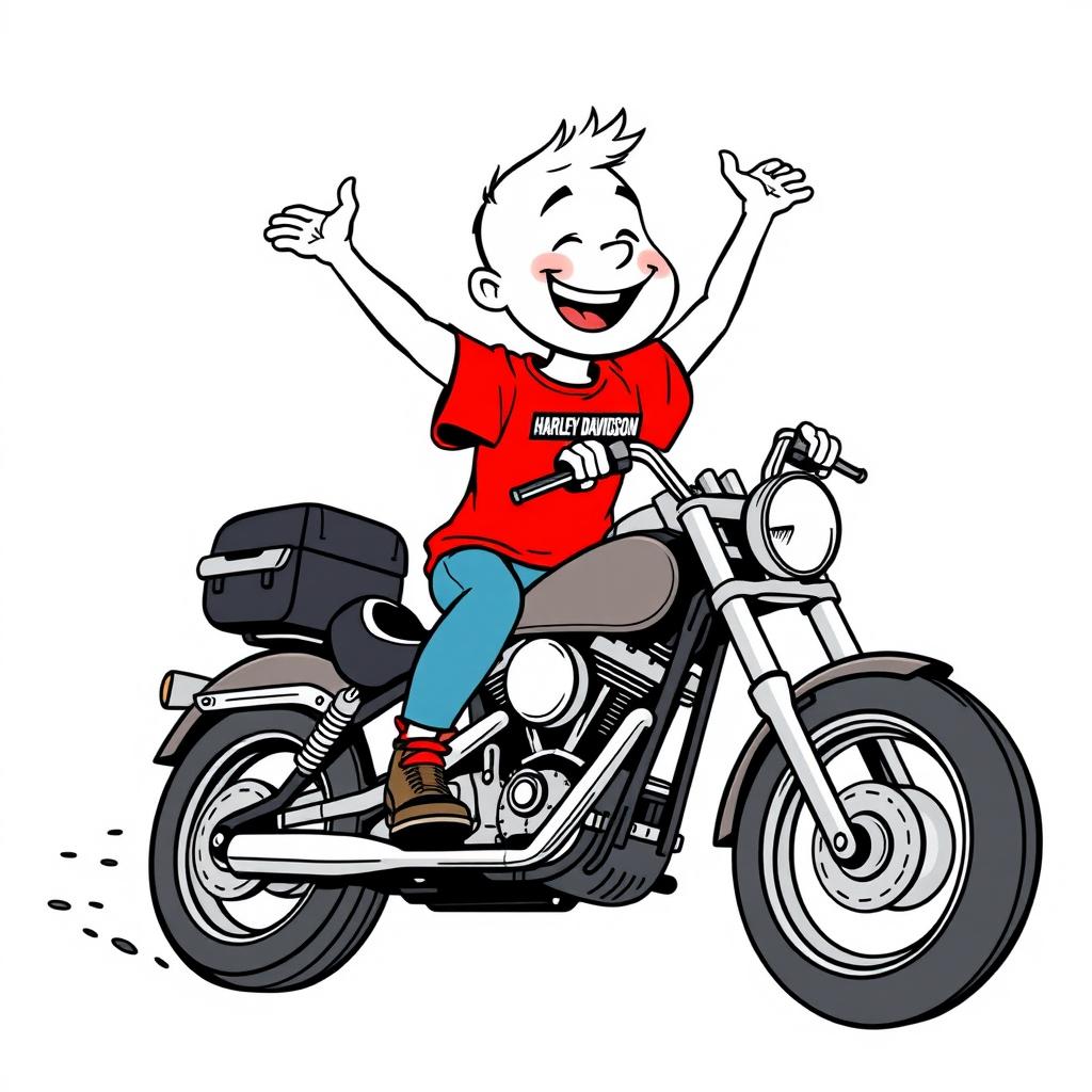 A white cartoon character joyfully riding a Harley Davidson motorcycle, dressed in a vibrant red T-shirt