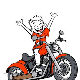 A white cartoon character joyfully riding a Harley Davidson motorcycle, dressed in a vibrant red T-shirt