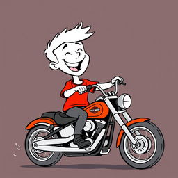 A white cartoon character joyfully riding a Harley Davidson motorcycle, dressed in a vibrant red T-shirt