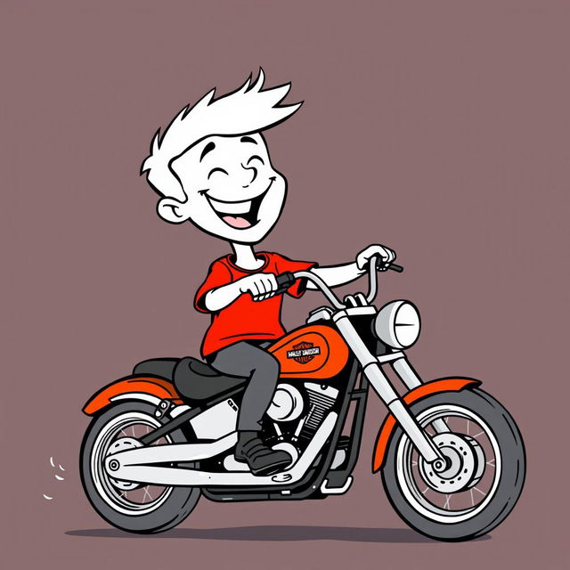 A white cartoon character joyfully riding a Harley Davidson motorcycle, dressed in a vibrant red T-shirt