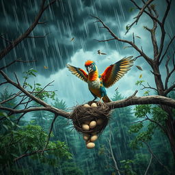 A dramatic forest scene during a fierce storm, with dark, swirling clouds overhead and rain cascading down