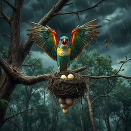 A dramatic forest scene during a fierce storm, with dark, swirling clouds overhead and rain cascading down