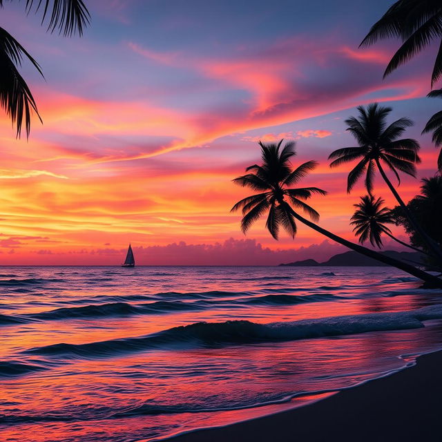 A breathtakingly beautiful sunset over a tranquil beach, the sky painted with vibrant hues of orange, pink, and purple