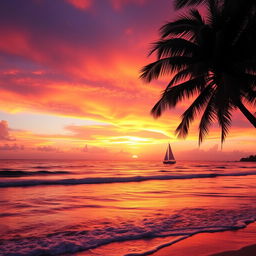 A breathtakingly beautiful sunset over a tranquil beach, the sky painted with vibrant hues of orange, pink, and purple
