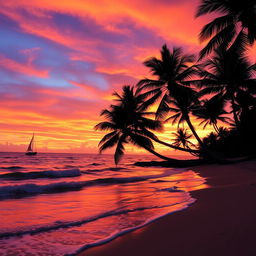 A breathtakingly beautiful sunset over a tranquil beach, the sky painted with vibrant hues of orange, pink, and purple