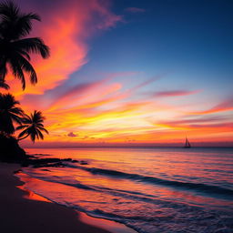A breathtakingly beautiful sunset over a tranquil beach, the sky painted with vibrant hues of orange, pink, and purple