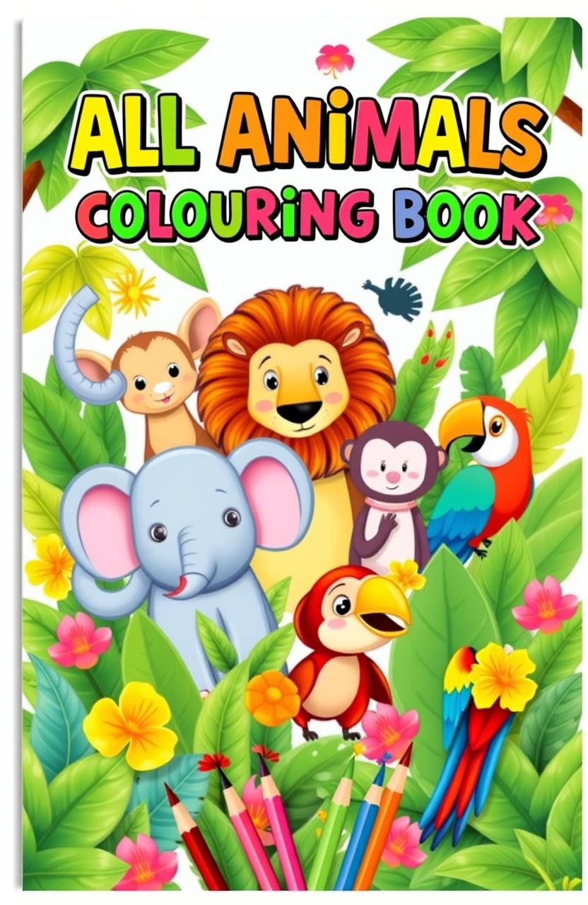 An engaging and colorful cover design for a drawing notebook titled 'All Animals Colouring Book'