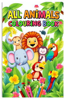 An engaging and colorful cover design for a drawing notebook titled 'All Animals Colouring Book'