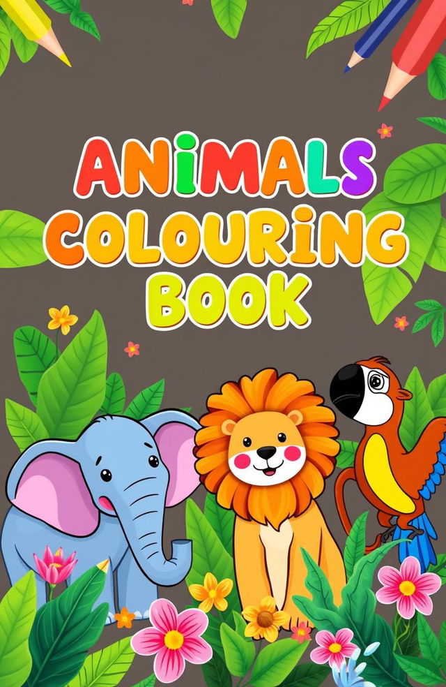 An engaging and colorful cover design for a drawing notebook titled 'All Animals Colouring Book'