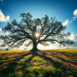 A serene landscape featuring an ancient, majestic tree with sprawling branches reaching out in all directions, set against a rich, fertile earth that shows signs of life with green grass and colorful wildflowers